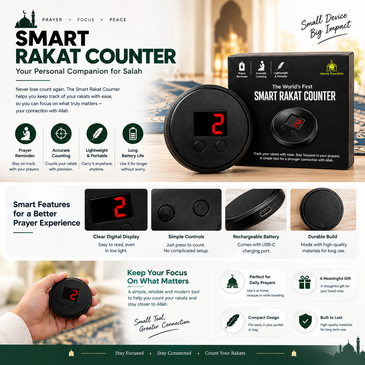 🕌 Automatic Smart Rakat Counter – Digital Prayer Counter for Accurate Salah Tracking